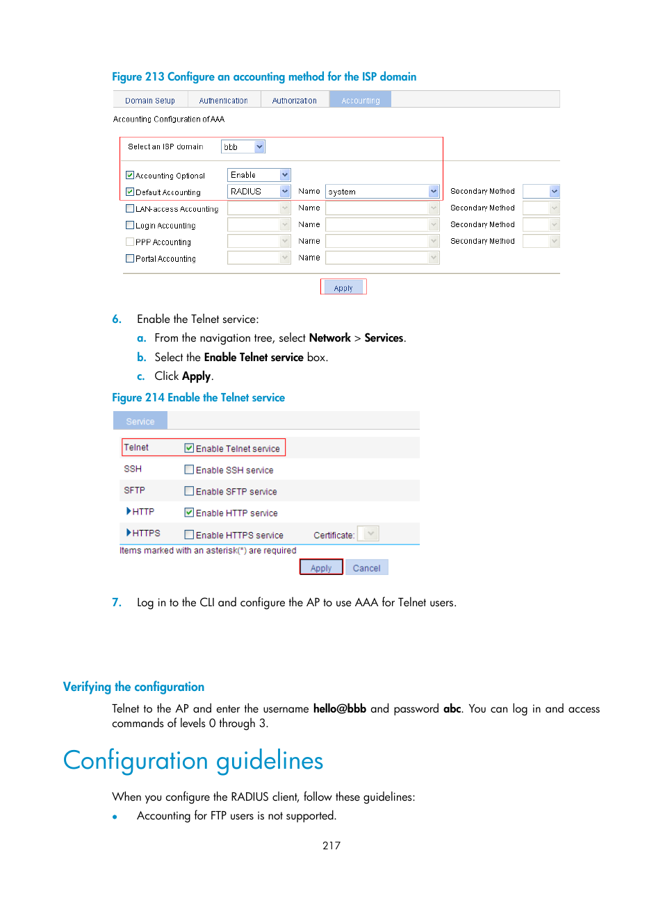 Verifying the configuration, Configuration guidelines | H3C Technologies H3C WA3600 Series Access Points User Manual | Page 230 / 447