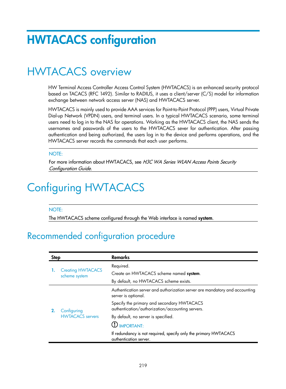 Hwtacacs configuration, Hwtacacs overview, Configuring hwtacacs | Recommended configuration procedure | H3C Technologies H3C WA3600 Series Access Points User Manual | Page 232 / 447