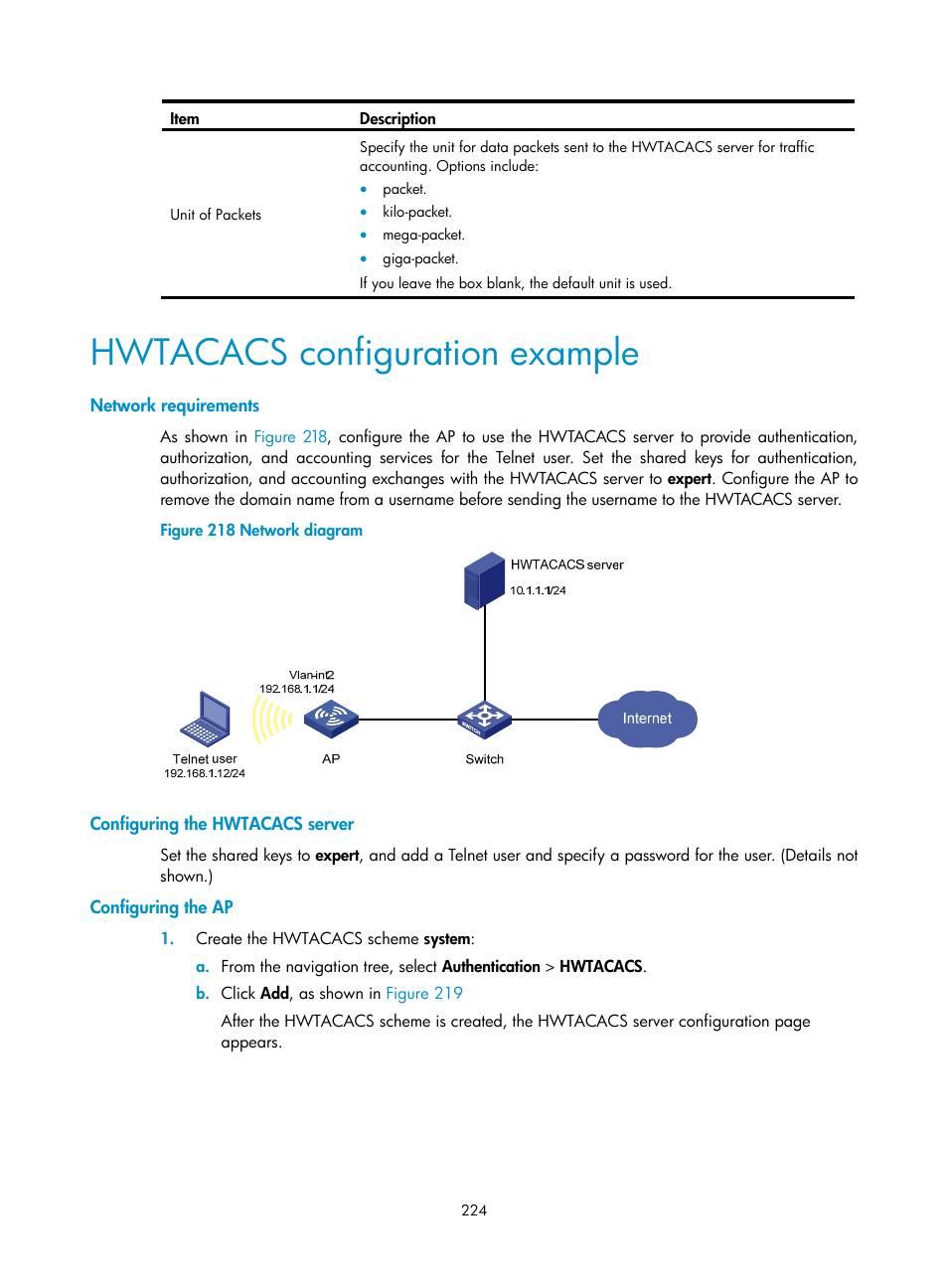 Hwtacacs configuration example, Network requirements, Configuring the hwtacacs server | Configuring the ap | H3C Technologies H3C WA3600 Series Access Points User Manual | Page 237 / 447