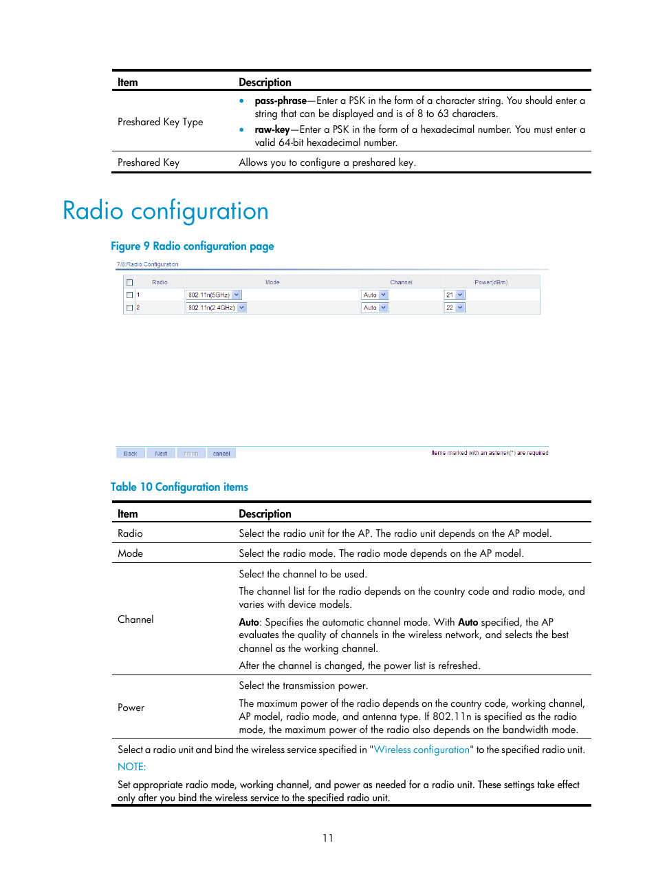 Radio configuration | H3C Technologies H3C WA3600 Series Access Points User Manual | Page 24 / 447