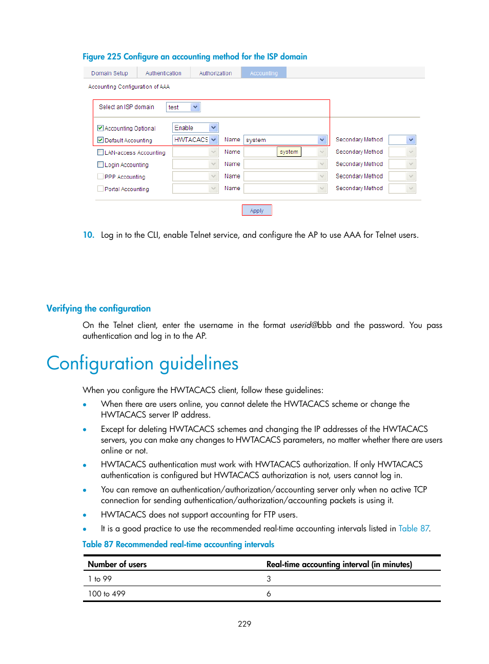 Verifying the configuration, Configuration guidelines | H3C Technologies H3C WA3600 Series Access Points User Manual | Page 242 / 447