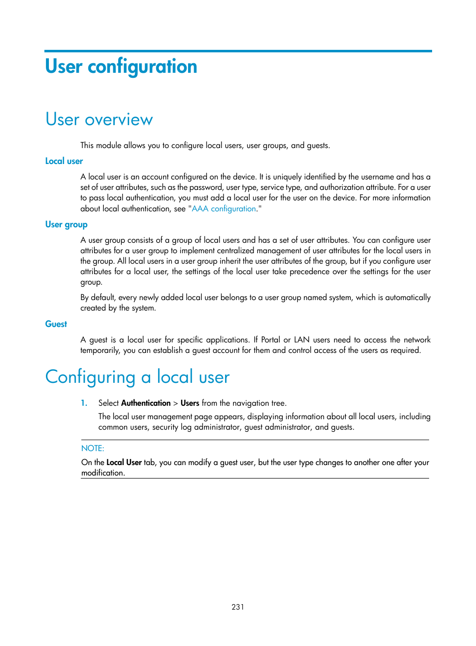 User configuration, User overview, Local user | User group, Guest, Configuring a local user, User, Configuration | H3C Technologies H3C WA3600 Series Access Points User Manual | Page 244 / 447