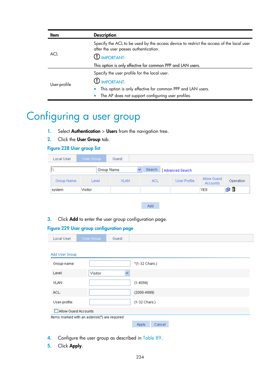 Configuring a user group | H3C Technologies H3C WA3600 Series Access Points User Manual | Page 247 / 447