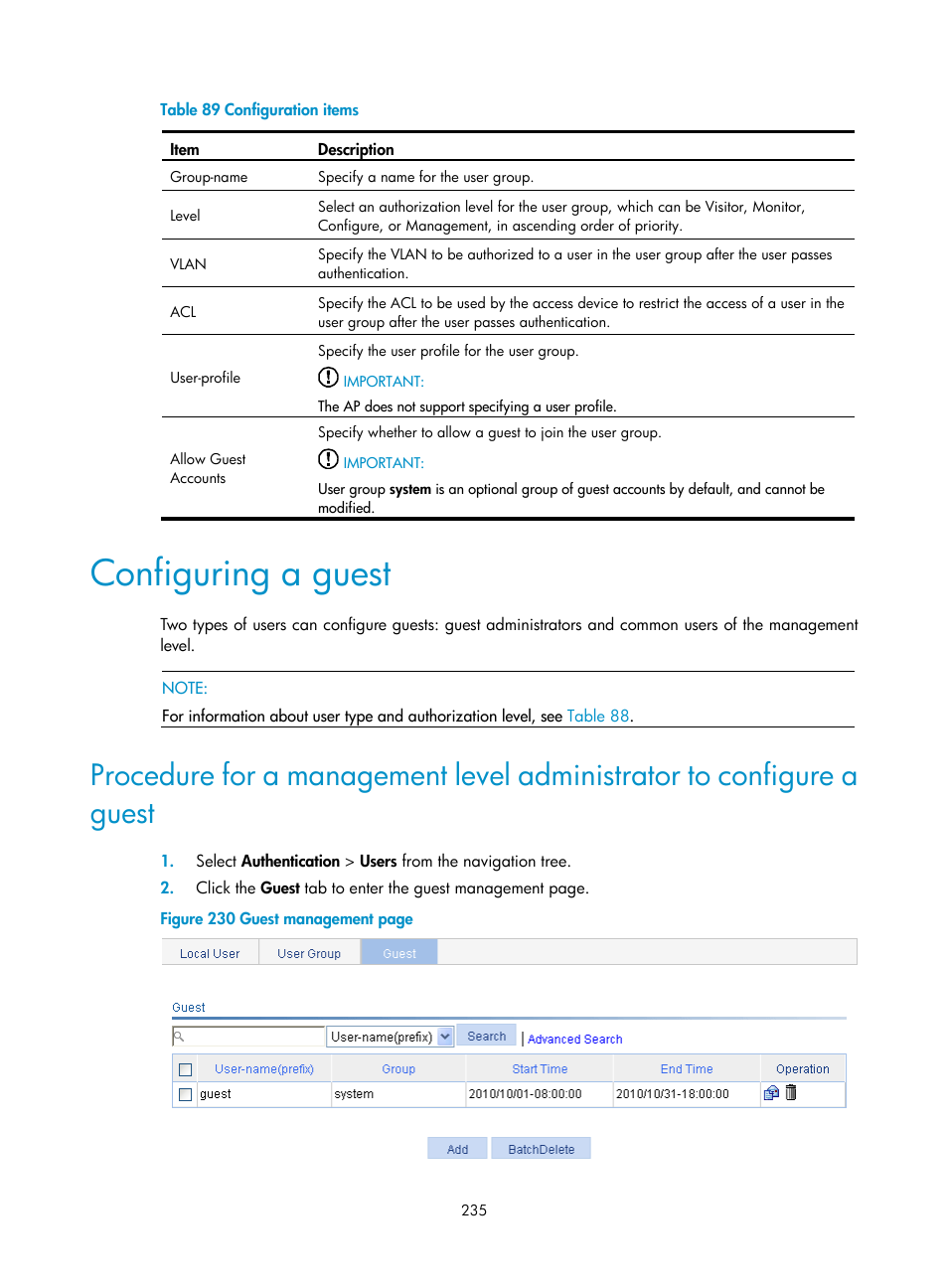 Configuring a guest | H3C Technologies H3C WA3600 Series Access Points User Manual | Page 248 / 447