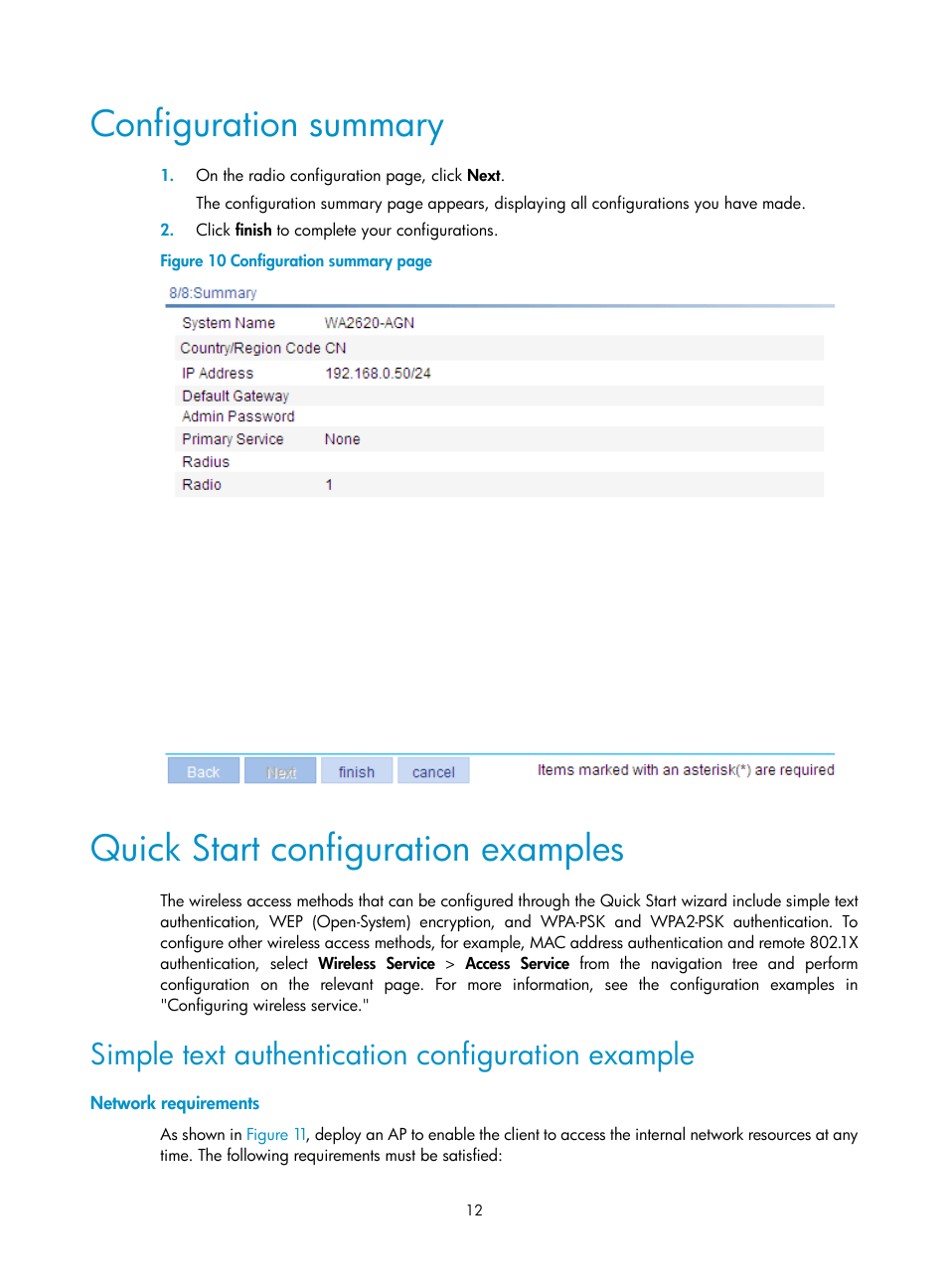 Configuration summary, Quick start configuration examples, Simple text authentication configuration example | Network requirements | H3C Technologies H3C WA3600 Series Access Points User Manual | Page 25 / 447