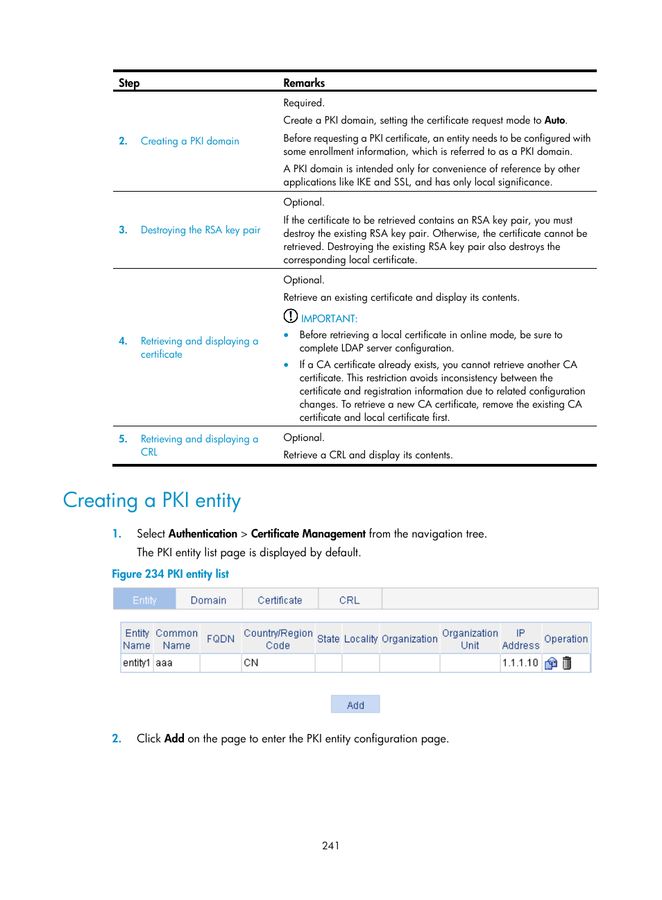 Creating a pki entity | H3C Technologies H3C WA3600 Series Access Points User Manual | Page 254 / 447