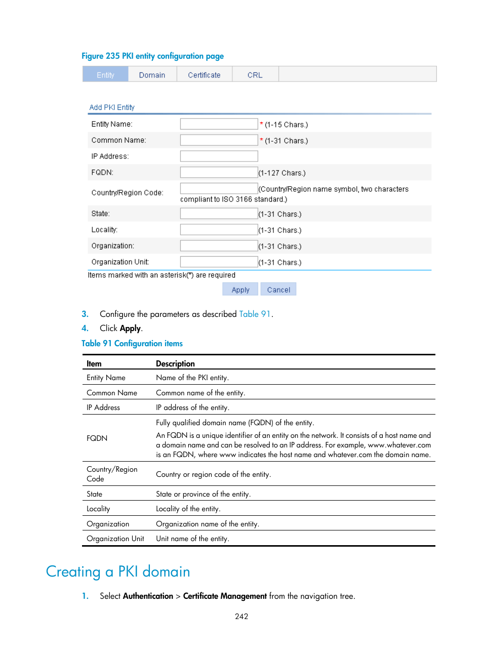 Creating a pki domain | H3C Technologies H3C WA3600 Series Access Points User Manual | Page 255 / 447