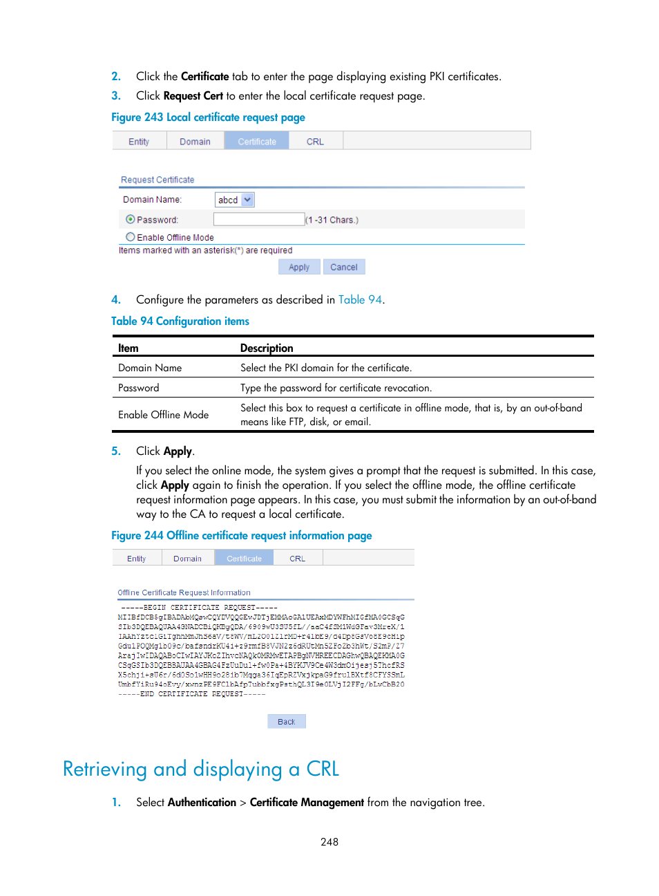 Retrieving and displaying a crl, Retrieving and displaying a | H3C Technologies H3C WA3600 Series Access Points User Manual | Page 261 / 447