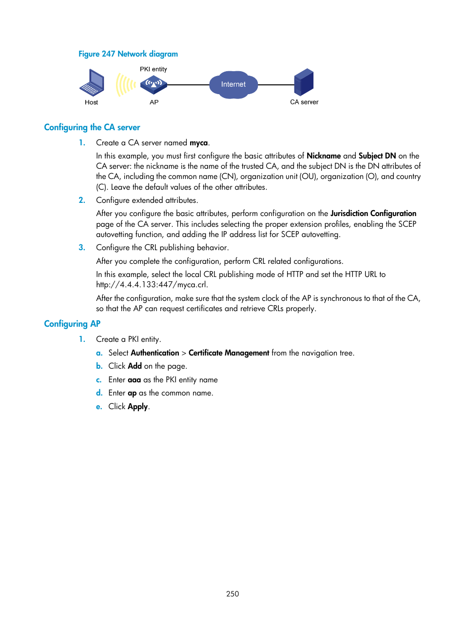 Configuring the ca server, Configuring ap | H3C Technologies H3C WA3600 Series Access Points User Manual | Page 263 / 447