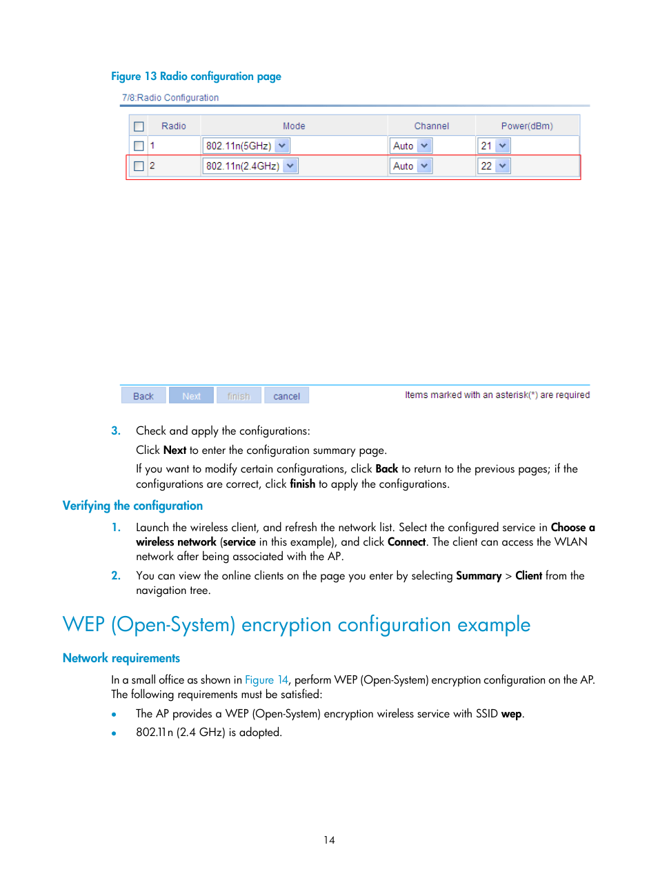 Verifying the configuration, Wep (open-system) encryption configuration example, Network requirements | H3C Technologies H3C WA3600 Series Access Points User Manual | Page 27 / 447