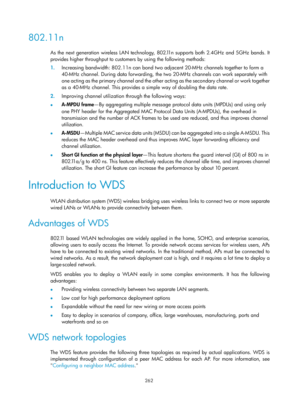 Introduction to wds, Advantages of wds, Wds network topologies | H3C Technologies H3C WA3600 Series Access Points User Manual | Page 275 / 447