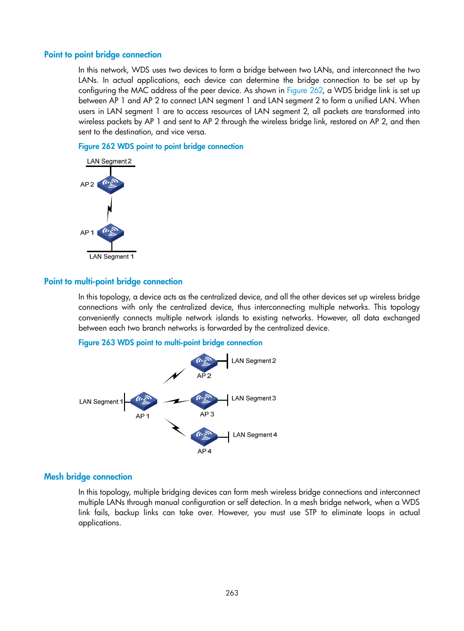 Point to point bridge connection, Point to multi-point bridge connection, Mesh bridge connection | H3C Technologies H3C WA3600 Series Access Points User Manual | Page 276 / 447