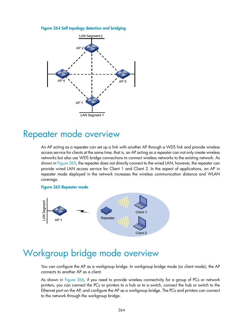 Repeater mode overview, Workgroup bridge mode overview | H3C Technologies H3C WA3600 Series Access Points User Manual | Page 277 / 447