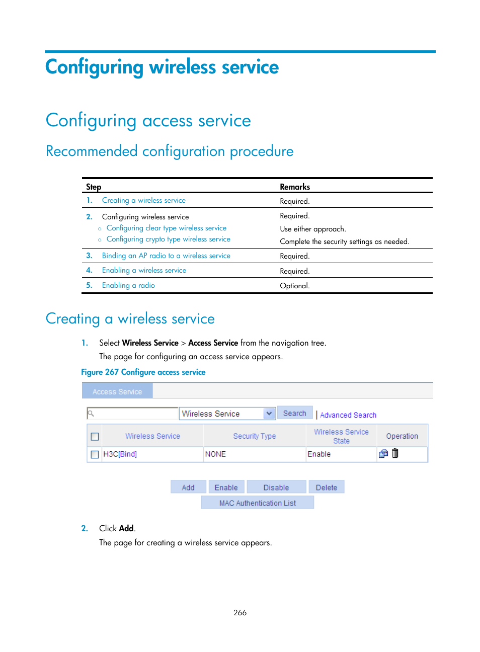 Configuring wireless service, Configuring access service, Recommended configuration procedure | Creating a wireless service | H3C Technologies H3C WA3600 Series Access Points User Manual | Page 279 / 447