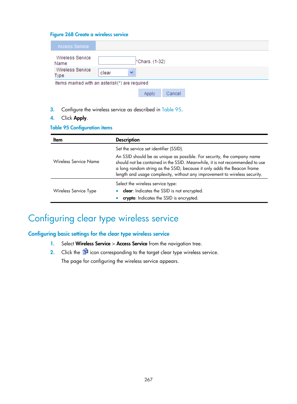 Configuring clear type wireless service | H3C Technologies H3C WA3600 Series Access Points User Manual | Page 280 / 447