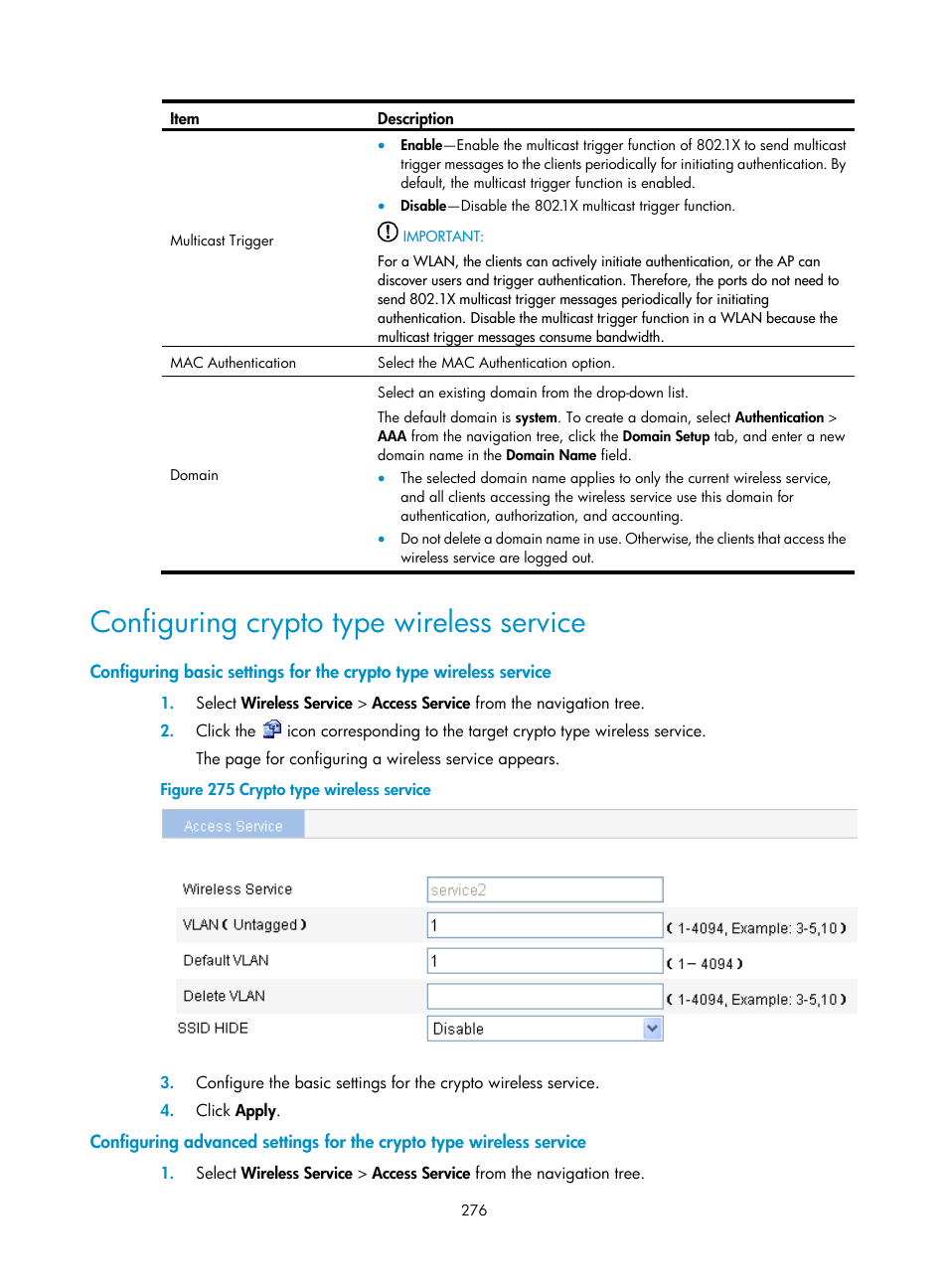 Configuring crypto type wireless service | H3C Technologies H3C WA3600 Series Access Points User Manual | Page 289 / 447