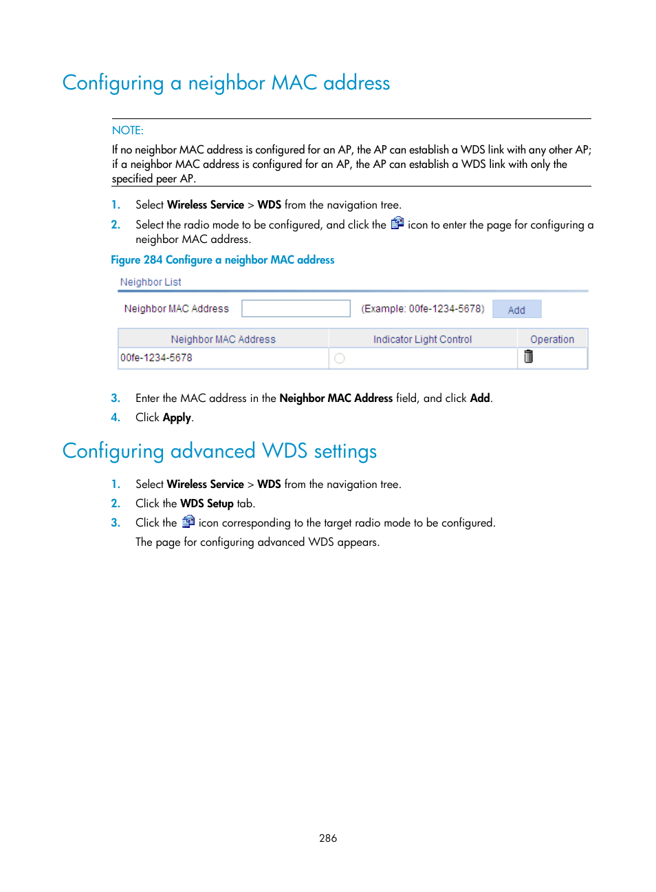 Configuring a neighbor mac address, Configuring advanced wds settings | H3C Technologies H3C WA3600 Series Access Points User Manual | Page 299 / 447