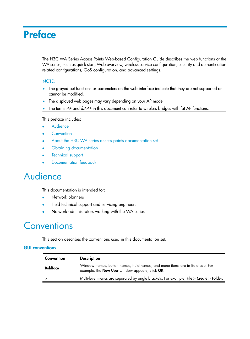 Preface, Audience, Conventions | Gui conventions | H3C Technologies H3C WA3600 Series Access Points User Manual | Page 3 / 447