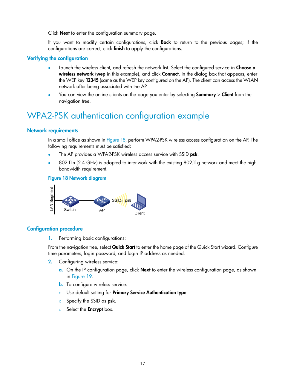 Verifying the configuration, Wpa2-psk authentication configuration example, Network requirements | Configuration procedure | H3C Technologies H3C WA3600 Series Access Points User Manual | Page 30 / 447