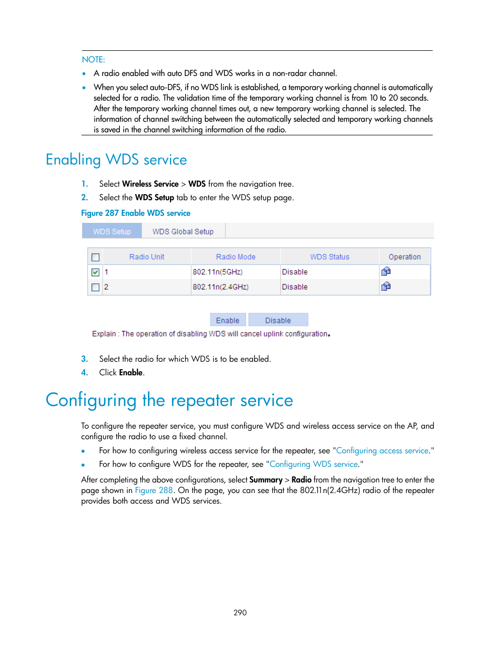 Enabling wds service, Configuring the repeater service | H3C Technologies H3C WA3600 Series Access Points User Manual | Page 303 / 447