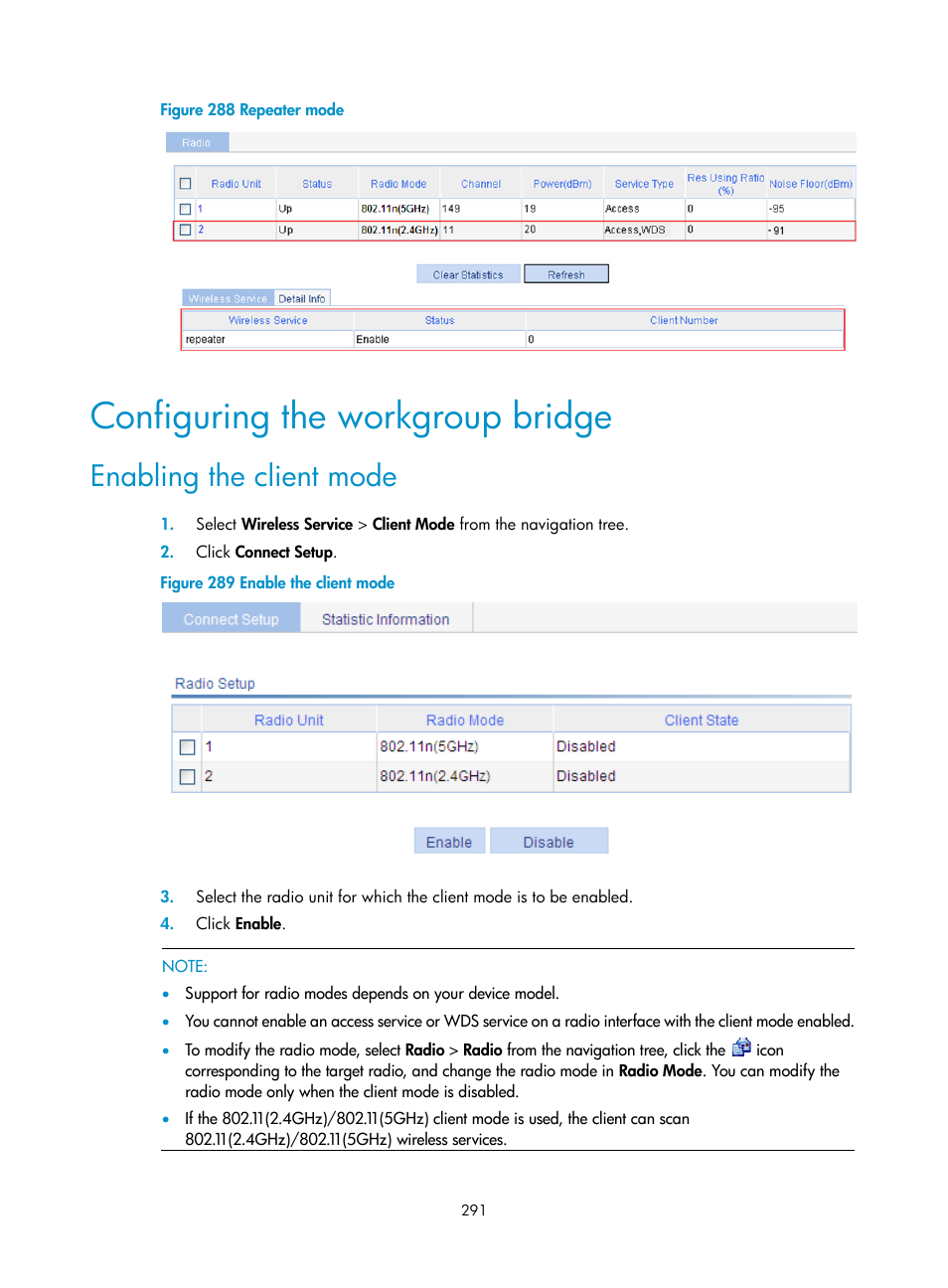 Configuring the workgroup bridge, Enabling the client mode, Figure 288 | H3C Technologies H3C WA3600 Series Access Points User Manual | Page 304 / 447