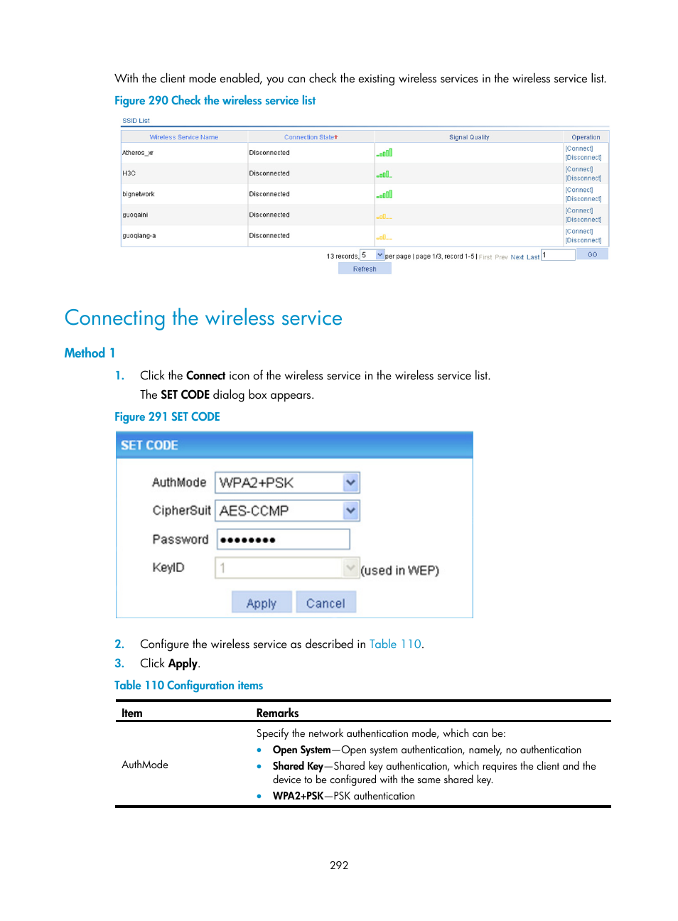 Connecting the wireless service, Method 1 | H3C Technologies H3C WA3600 Series Access Points User Manual | Page 305 / 447