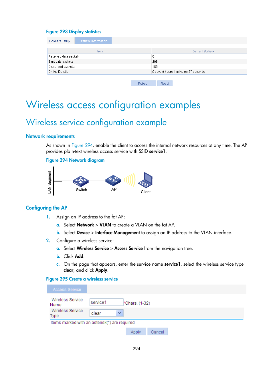 Wireless access configuration examples, Wireless service configuration example, Network requirements | Configuring the ap, Figure 293 | H3C Technologies H3C WA3600 Series Access Points User Manual | Page 307 / 447