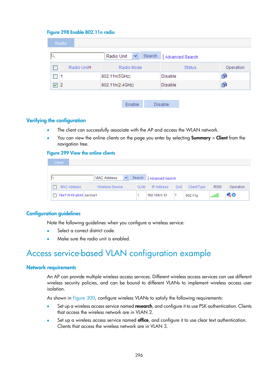 Verifying the configuration, Configuration guidelines, Access service-based vlan configuration example | Network requirements, Figure 298 | H3C Technologies H3C WA3600 Series Access Points User Manual | Page 309 / 447