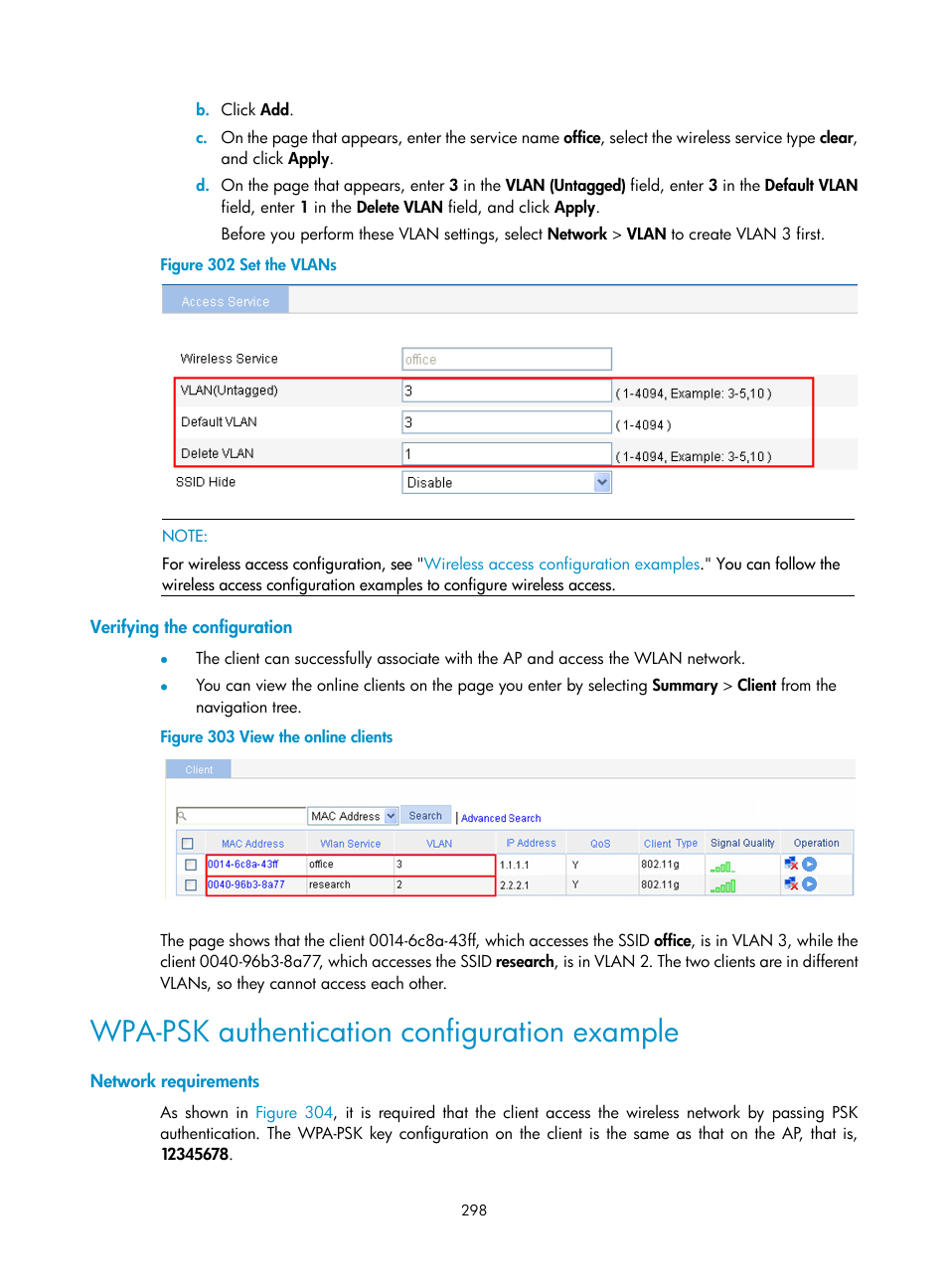 Verifying the configuration, Wpa-psk authentication configuration example, Network requirements | H3C Technologies H3C WA3600 Series Access Points User Manual | Page 311 / 447