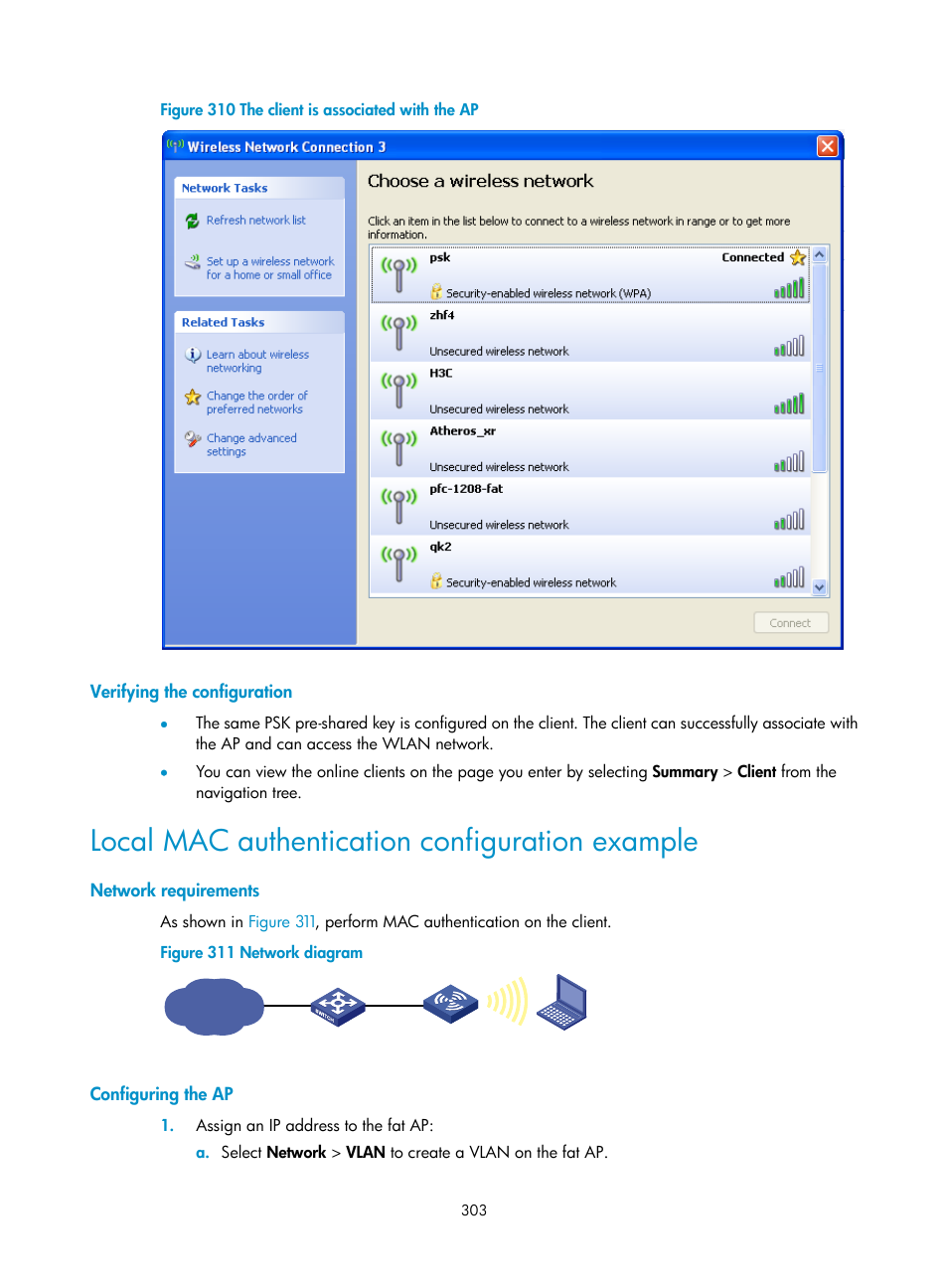 Verifying the configuration, Local mac authentication configuration example, Network requirements | Configuring the ap | H3C Technologies H3C WA3600 Series Access Points User Manual | Page 316 / 447