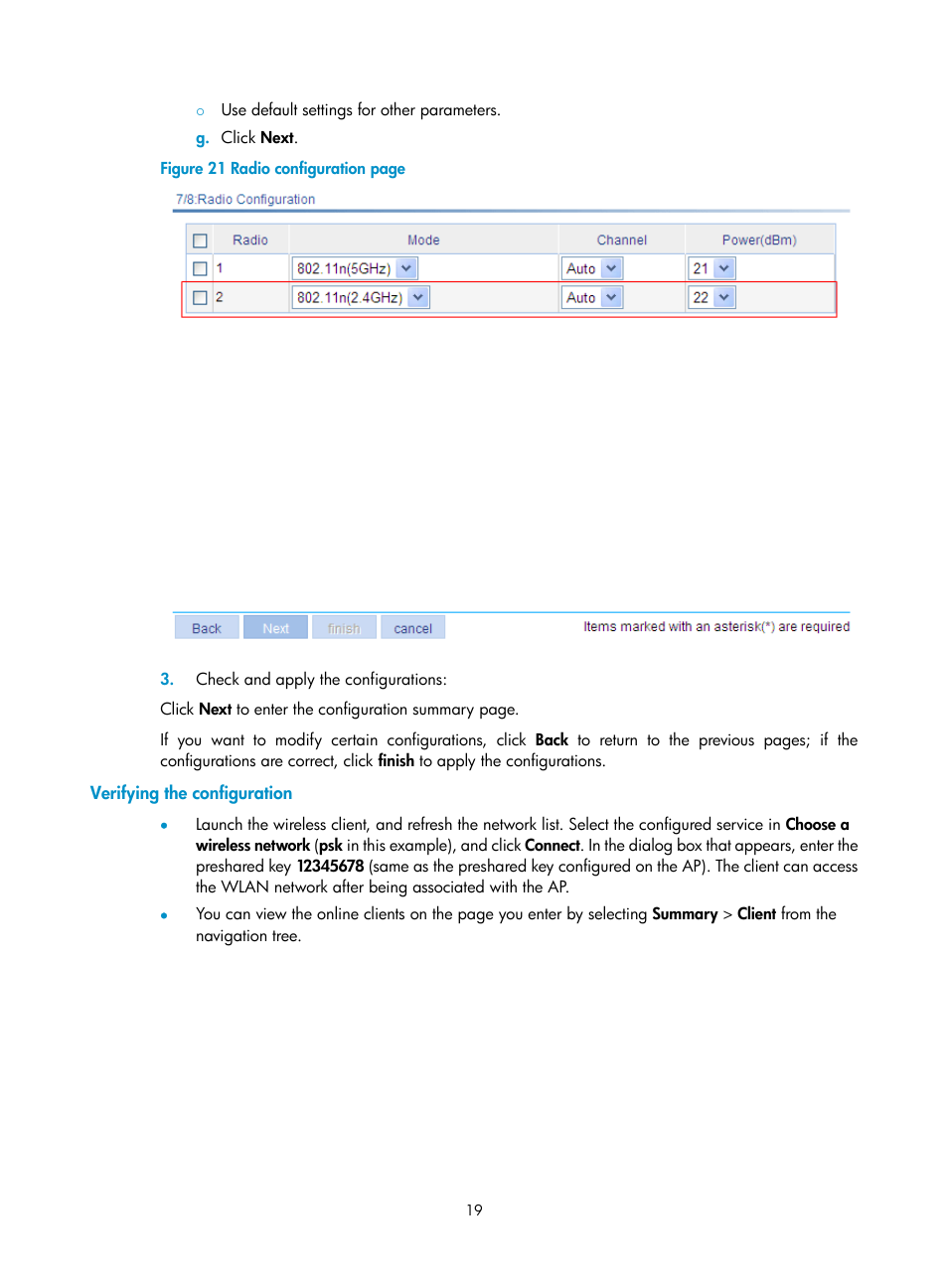 Verifying the configuration | H3C Technologies H3C WA3600 Series Access Points User Manual | Page 32 / 447