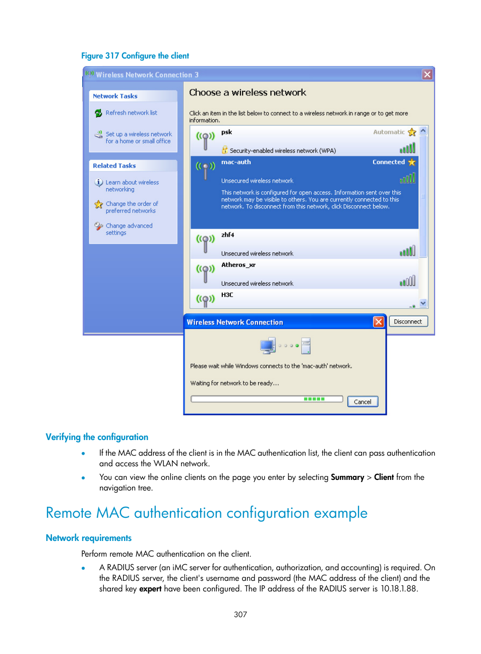 Verifying the configuration, Remote mac authentication configuration example, Network requirements | H3C Technologies H3C WA3600 Series Access Points User Manual | Page 320 / 447