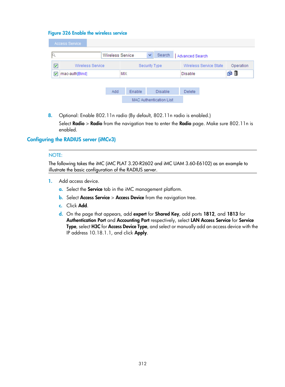 Configuring the radius server (imcv3) | H3C Technologies H3C WA3600 Series Access Points User Manual | Page 325 / 447