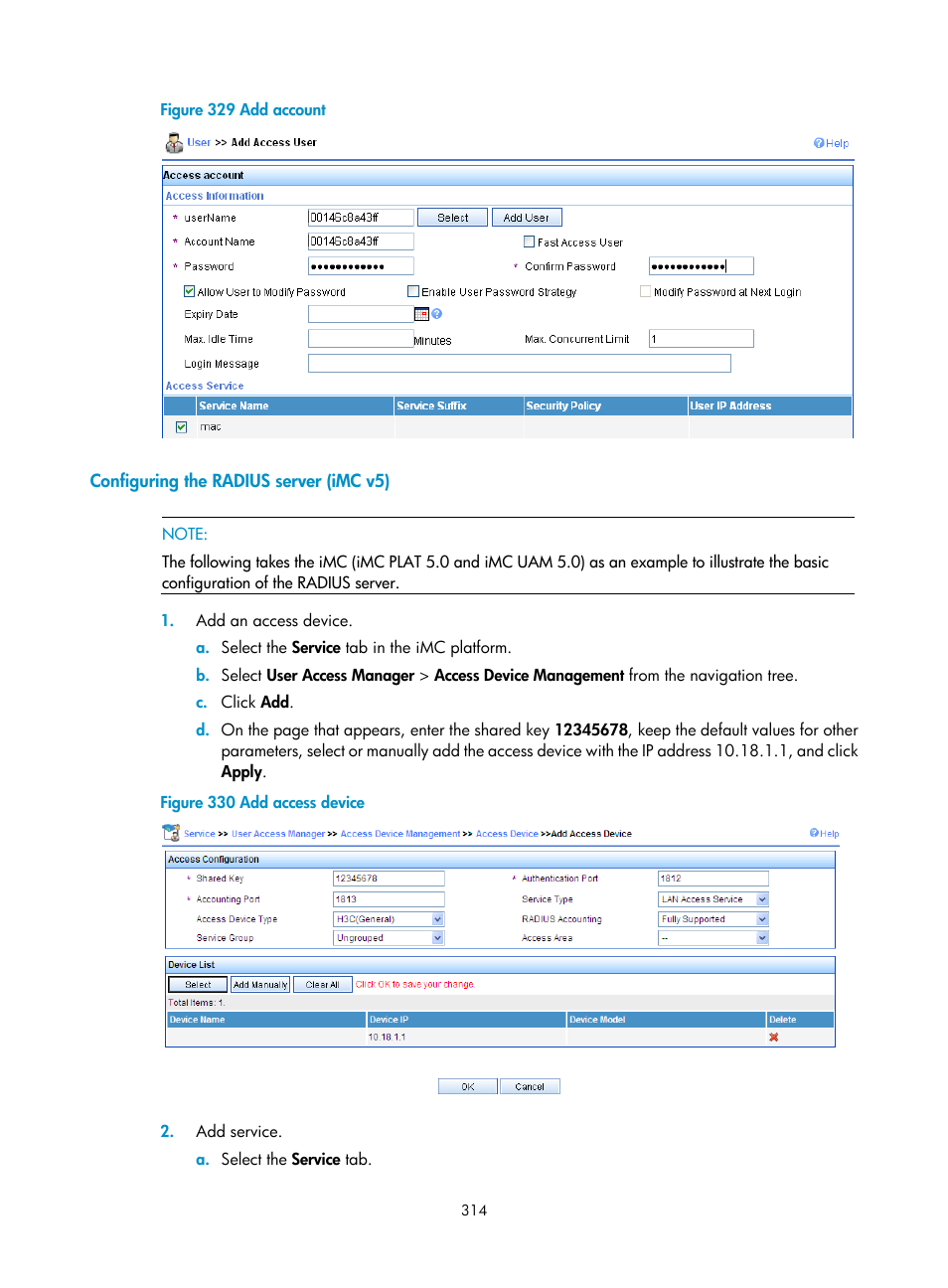 Configuring the radius server (imc v5) | H3C Technologies H3C WA3600 Series Access Points User Manual | Page 327 / 447