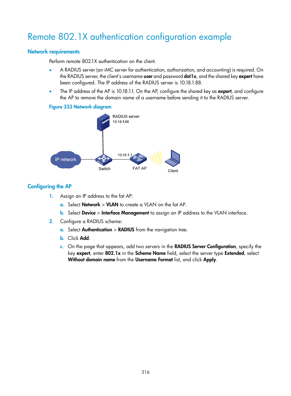 Remote 802.1x authentication configuration example, Network requirements, Configuring the ap | H3C Technologies H3C WA3600 Series Access Points User Manual | Page 329 / 447