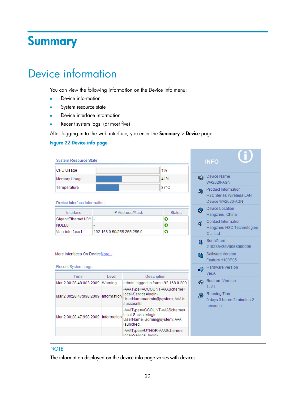 Summary, Device information | H3C Technologies H3C WA3600 Series Access Points User Manual | Page 33 / 447