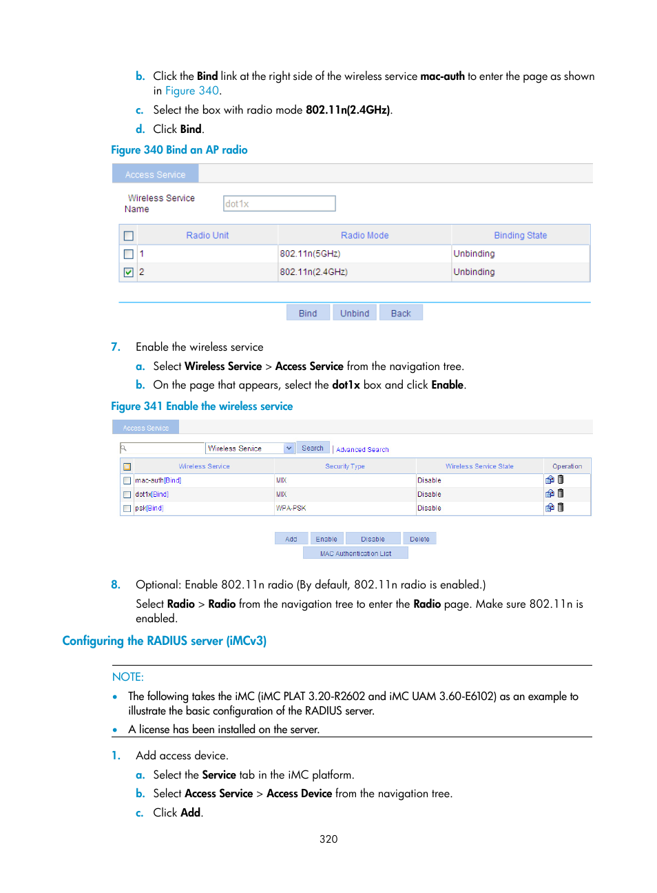 Configuring the radius server (imcv3) | H3C Technologies H3C WA3600 Series Access Points User Manual | Page 333 / 447