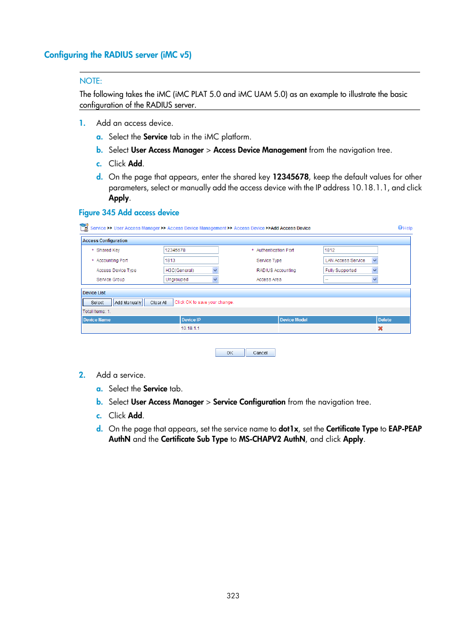 Configuring the radius server (imc v5) | H3C Technologies H3C WA3600 Series Access Points User Manual | Page 336 / 447