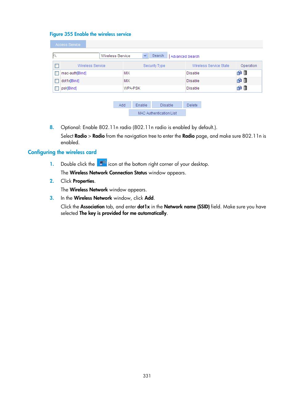 Configuring the wireless card | H3C Technologies H3C WA3600 Series Access Points User Manual | Page 344 / 447