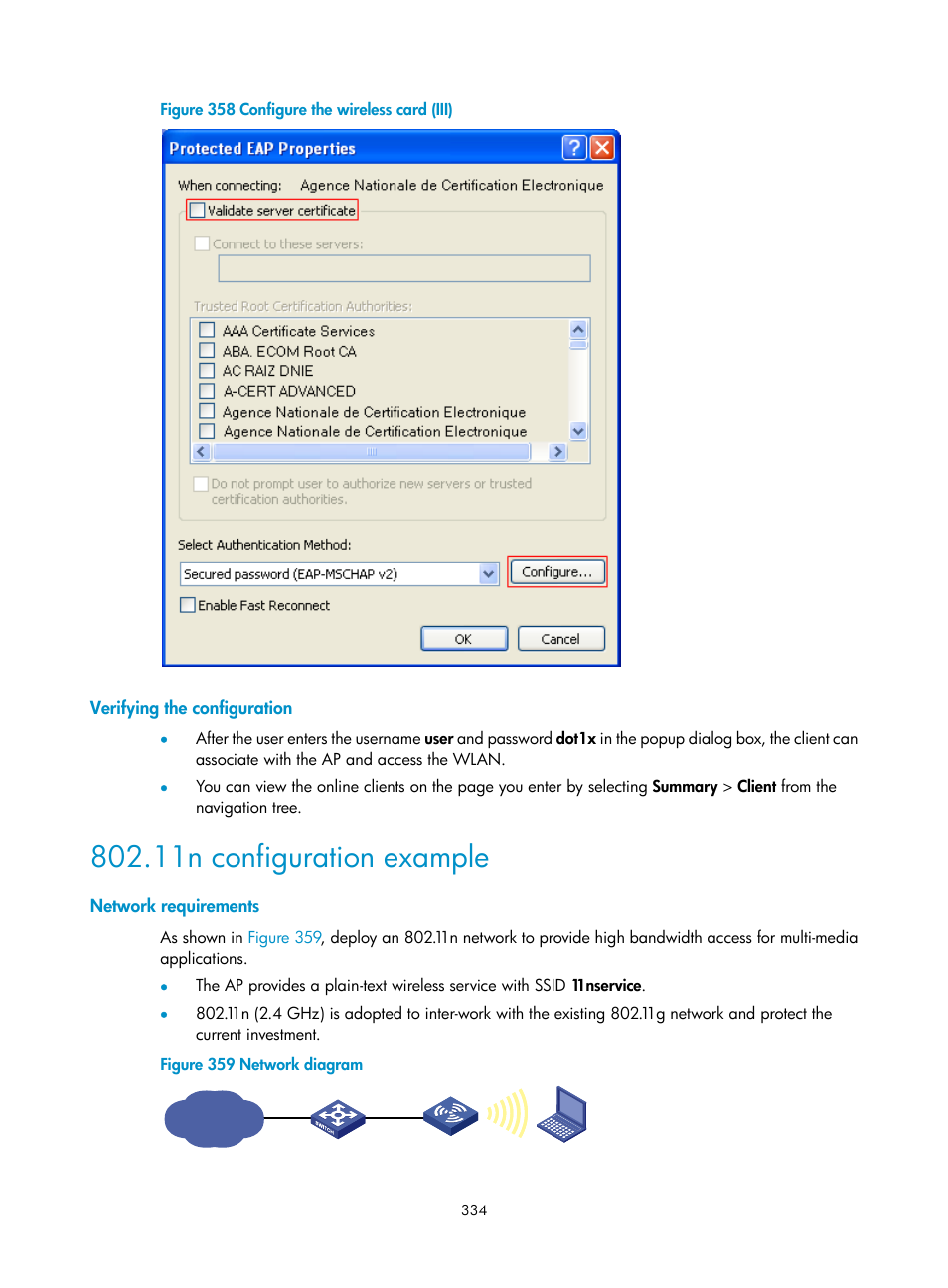 Verifying the configuration, 11n configuration example, Network requirements | H3C Technologies H3C WA3600 Series Access Points User Manual | Page 347 / 447