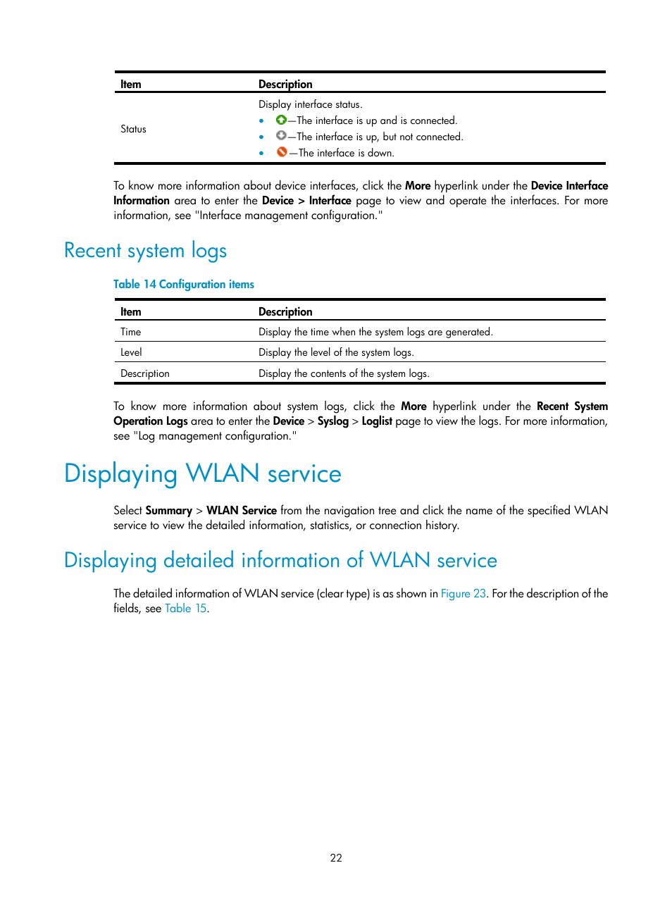 Recent system logs, Displaying wlan service, Displaying detailed information of wlan service | H3C Technologies H3C WA3600 Series Access Points User Manual | Page 35 / 447