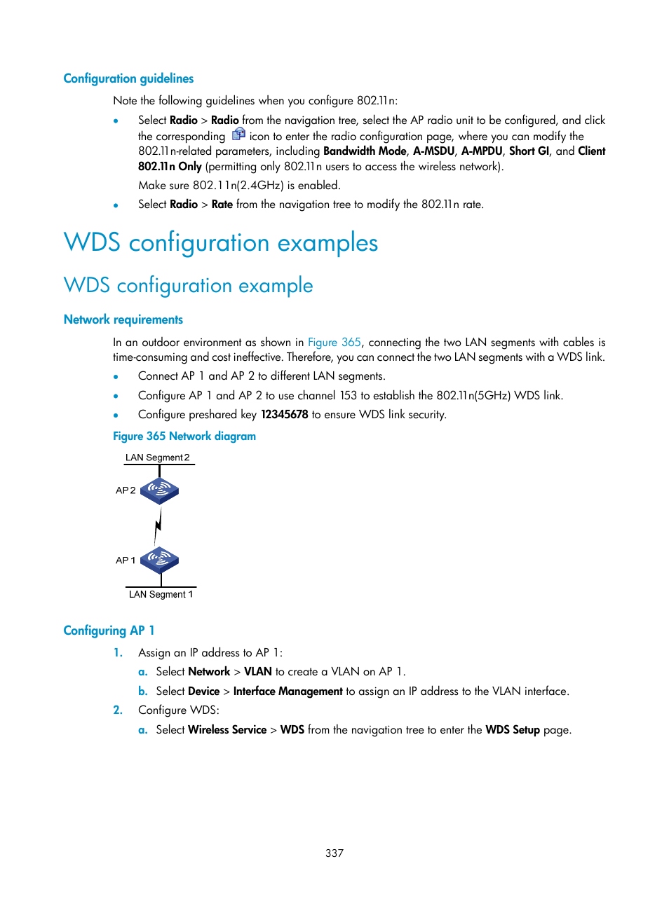 Configuration guidelines, Wds configuration examples, Wds configuration example | Network requirements, Configuring ap 1 | H3C Technologies H3C WA3600 Series Access Points User Manual | Page 350 / 447