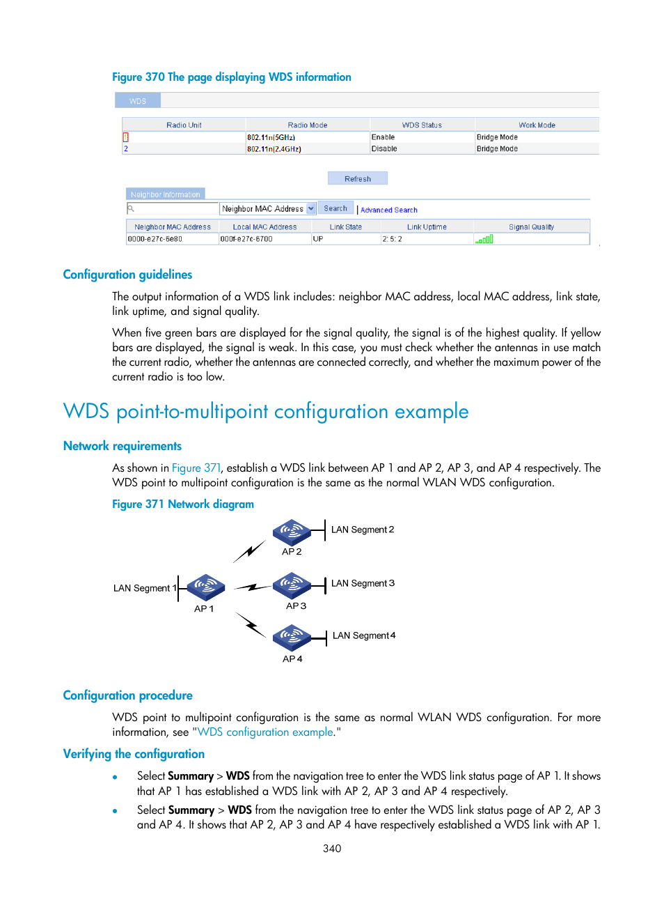 Configuration guidelines, Wds point-to-multipoint configuration example, Network requirements | Configuration procedure, Verifying the configuration | H3C Technologies H3C WA3600 Series Access Points User Manual | Page 353 / 447