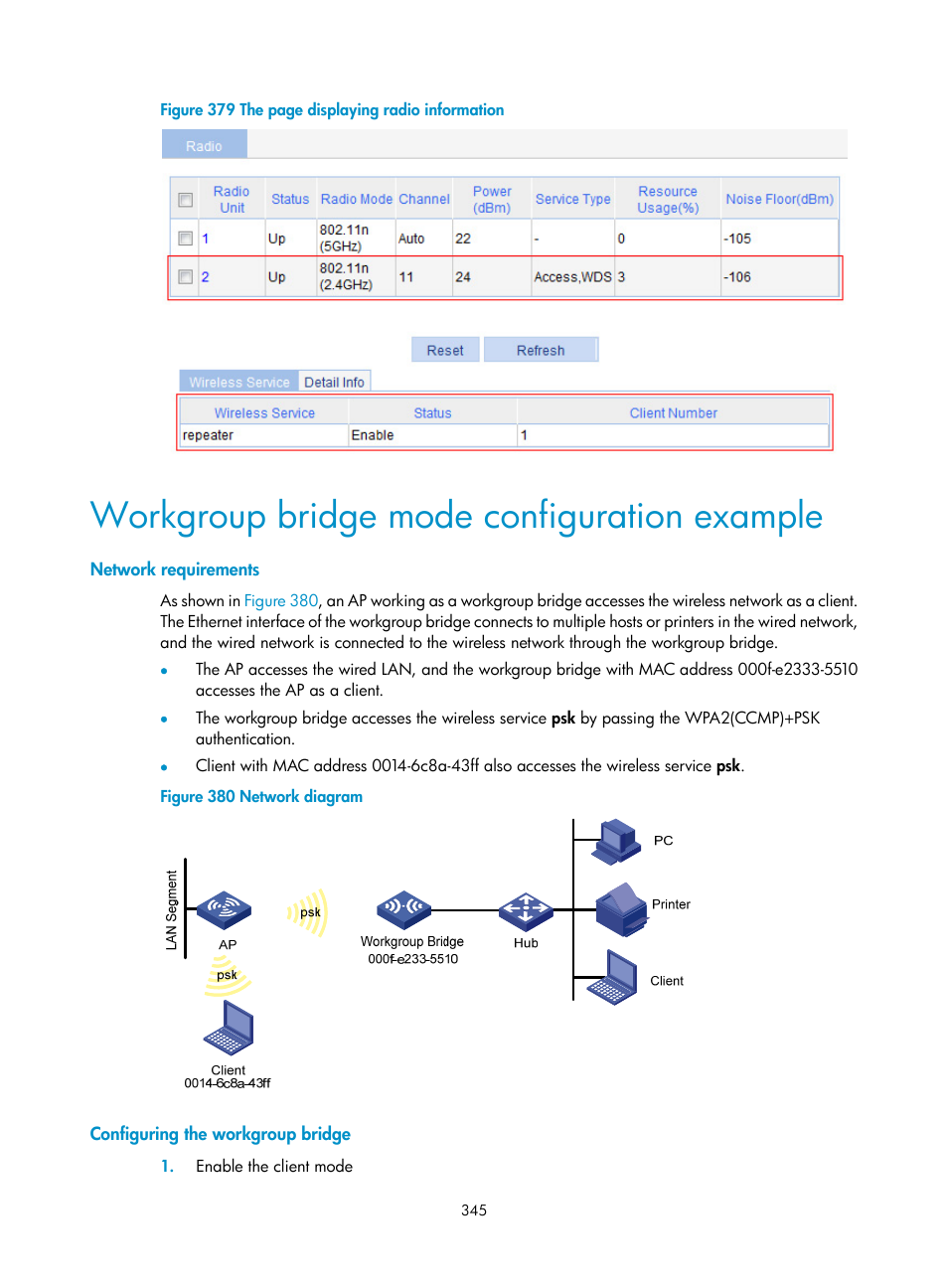 Workgroup bridge mode configuration example, Network requirements, Configuring the workgroup bridge | H3C Technologies H3C WA3600 Series Access Points User Manual | Page 358 / 447