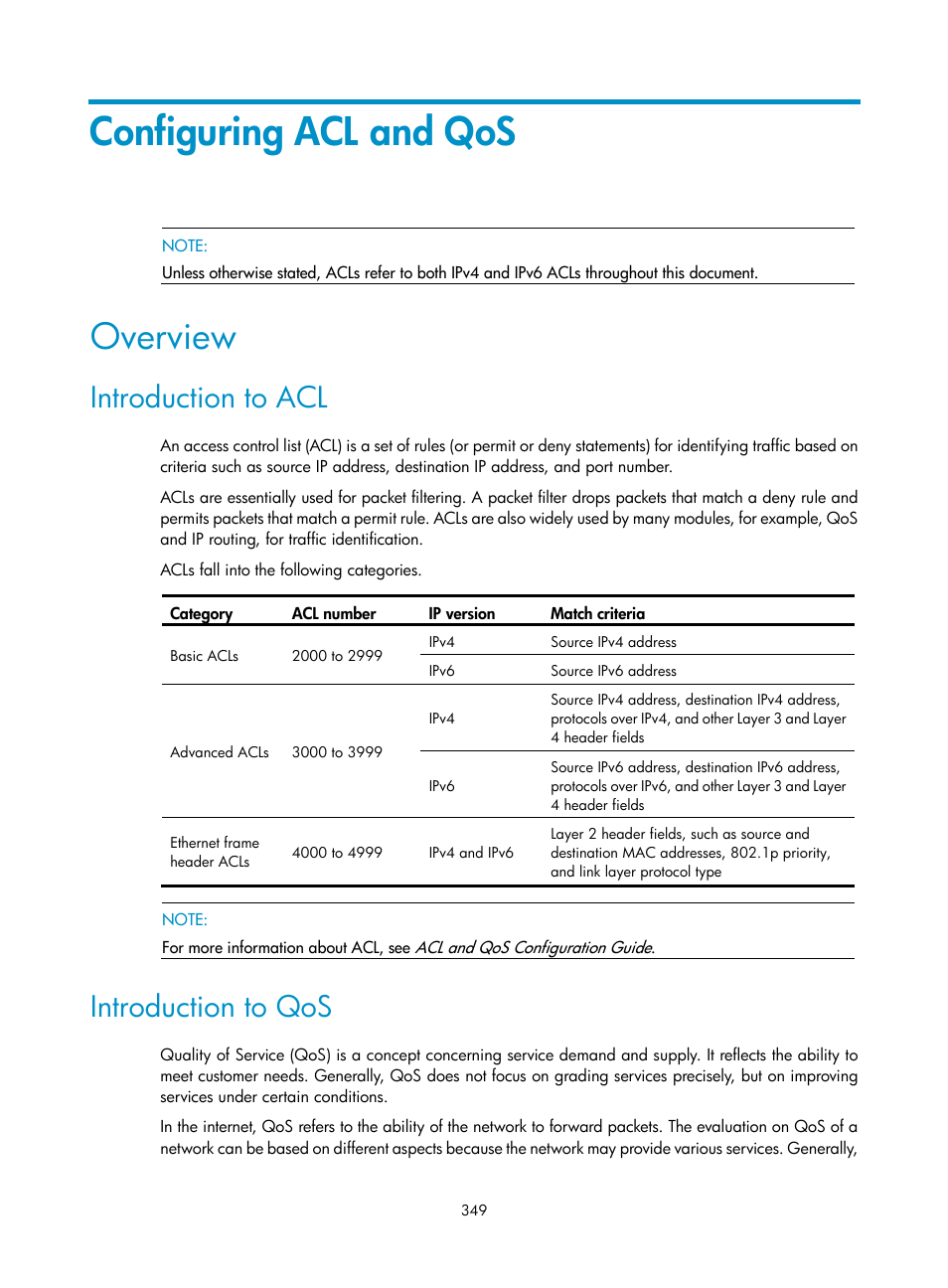 Configuring acl and qos, Overview, Introduction to acl | Introduction to qos | H3C Technologies H3C WA3600 Series Access Points User Manual | Page 362 / 447