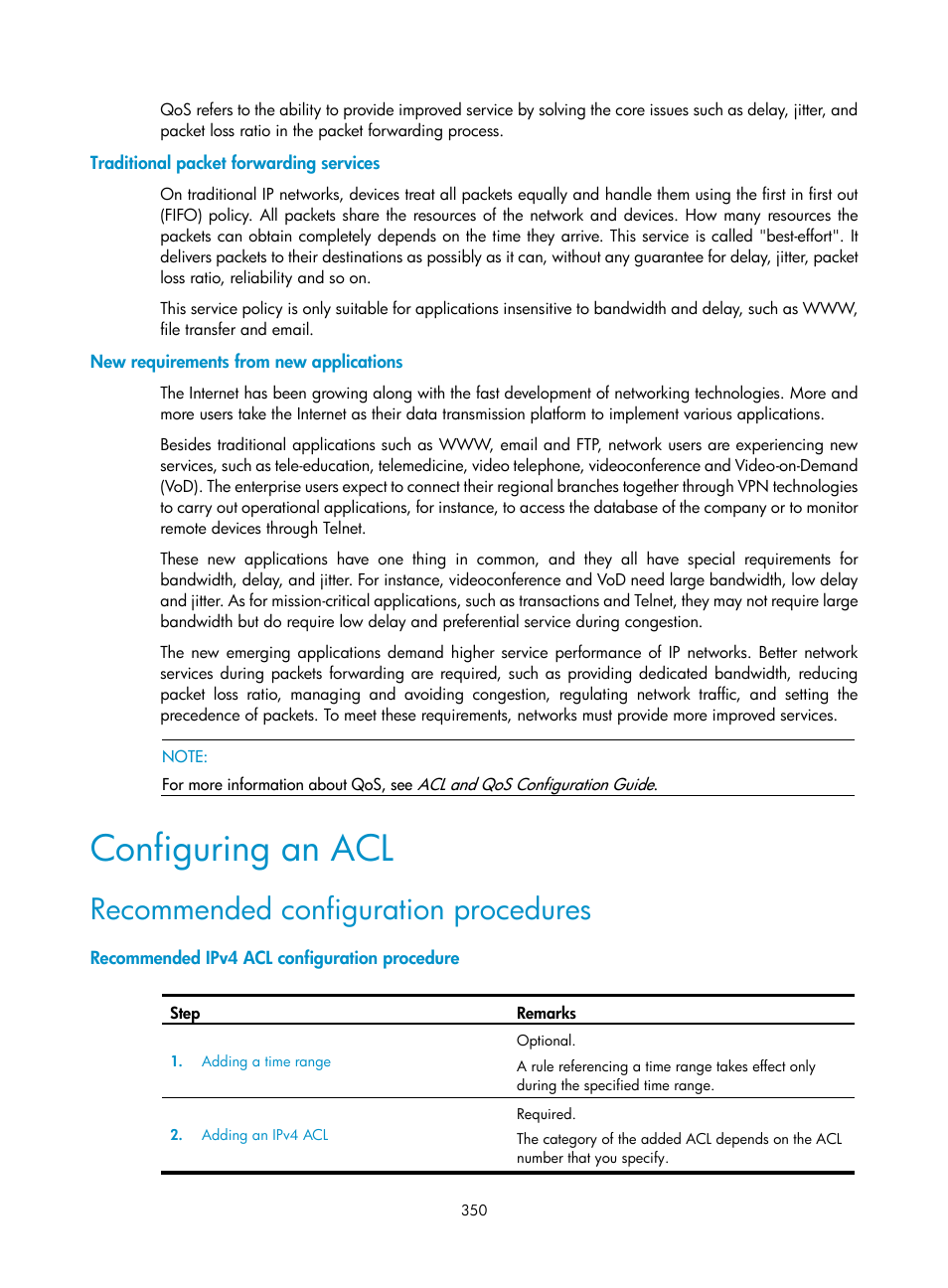 Traditional packet forwarding services, New requirements from new applications, Configuring an acl | Recommended configuration procedures, Recommended ipv4 acl configuration procedure | H3C Technologies H3C WA3600 Series Access Points User Manual | Page 363 / 447