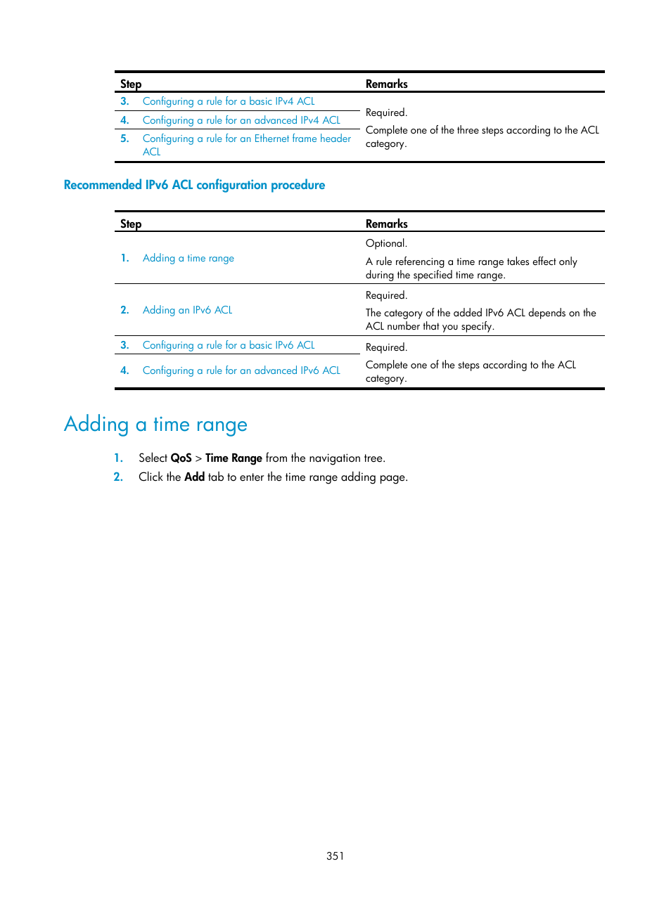 Recommended ipv6 acl configuration procedure, Adding a time range | H3C Technologies H3C WA3600 Series Access Points User Manual | Page 364 / 447