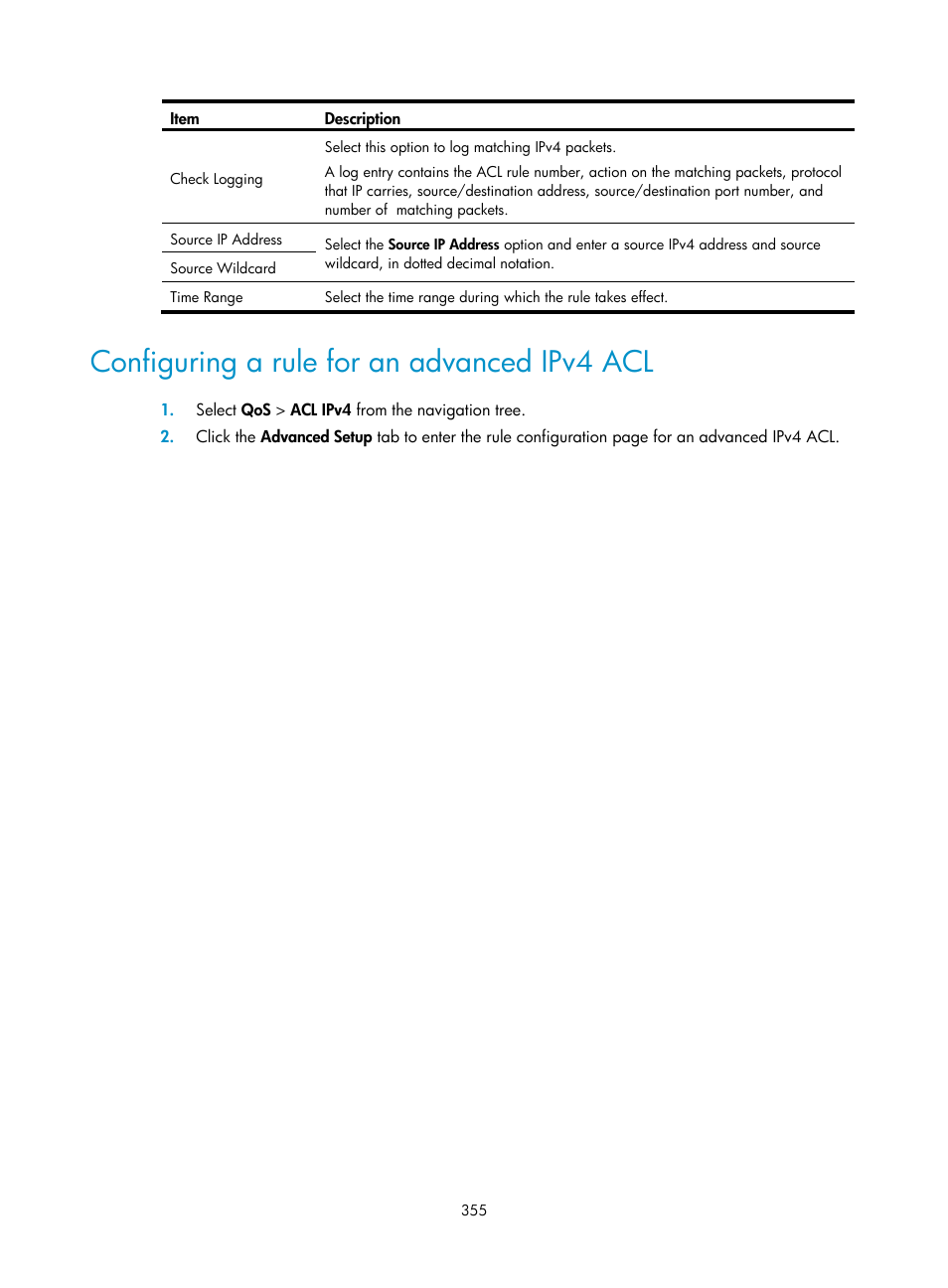 Configuring a rule for an advanced ipv4 acl | H3C Technologies H3C WA3600 Series Access Points User Manual | Page 368 / 447