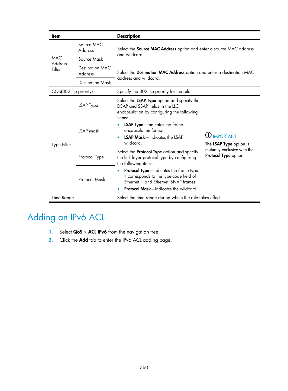 Adding an ipv6 acl | H3C Technologies H3C WA3600 Series Access Points User Manual | Page 373 / 447