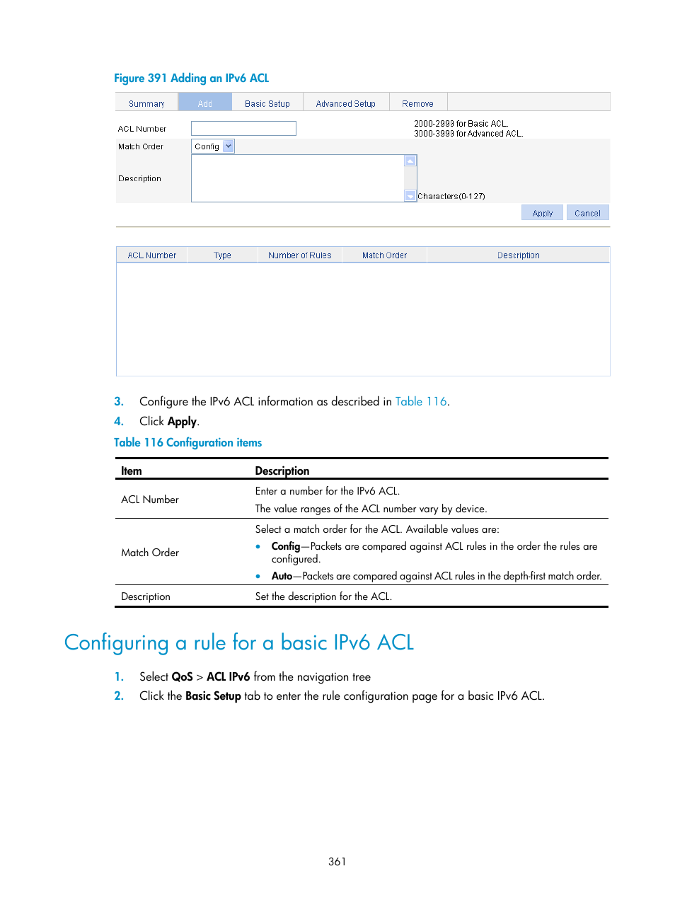 Configuring a rule for a basic ipv6 acl | H3C Technologies H3C WA3600 Series Access Points User Manual | Page 374 / 447